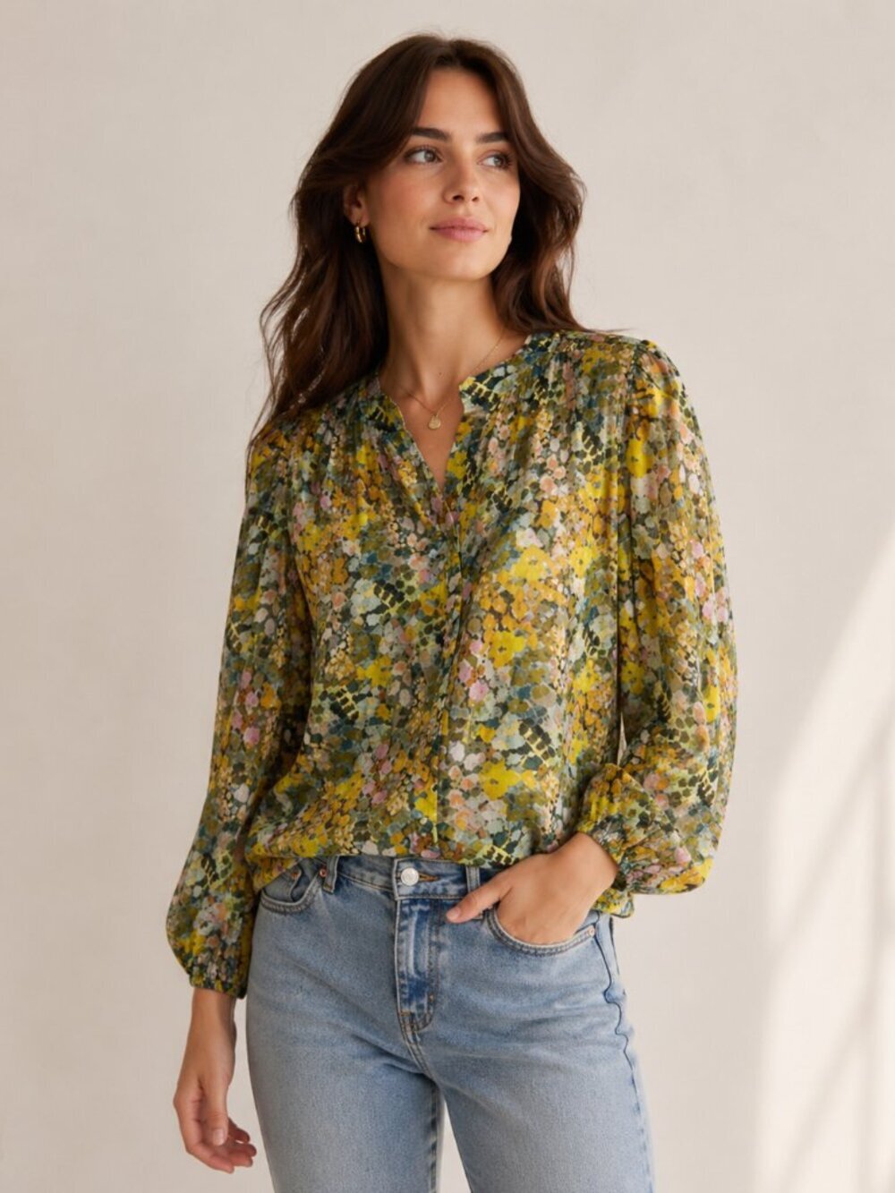 Blank NYC Yellow Multi Floral Long-Sleeve Blouse